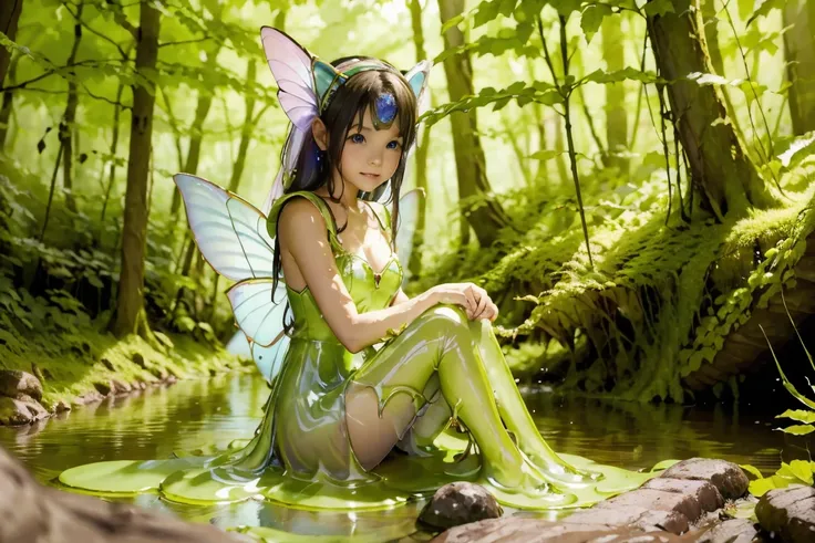 a fairy sitting neaby the lake, slime, creepy forest