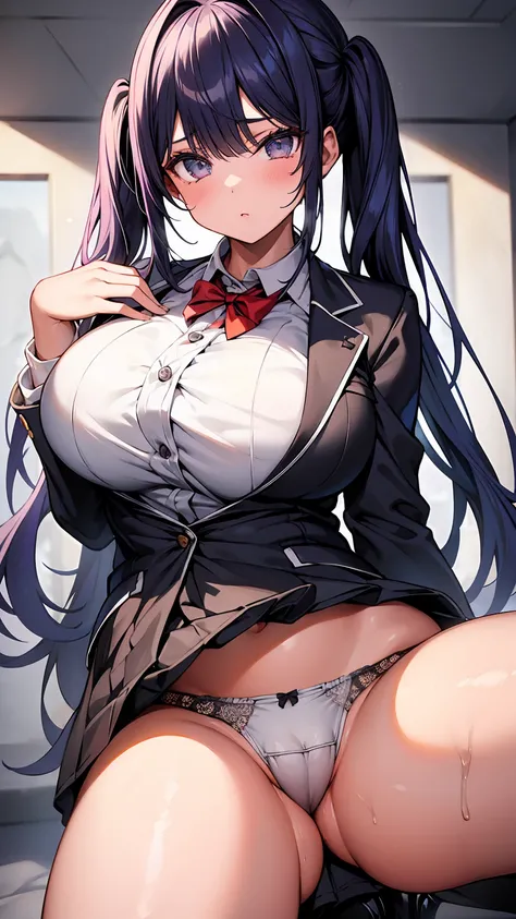 Close-up of crotch、Beautiful woman、Twin tails、Blazer uniform、Very short pleated skirt、Very thick thighs、Acme Face、Best image quality、High resolution、masterpiece、super high quality、Orgasm Facial、Grey panties、Grey bra、Very big ass、Very large breasts  、Blushi...