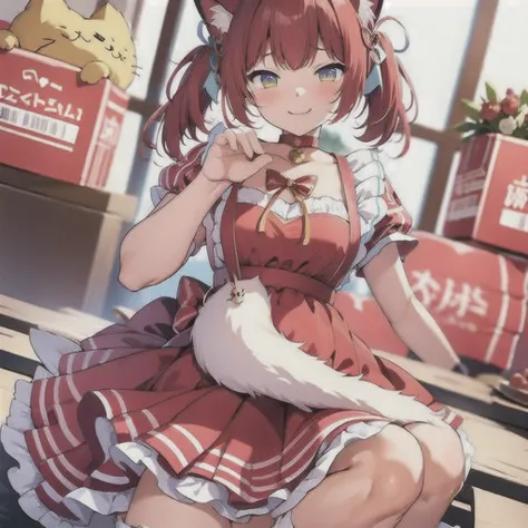 (masterpiece, best quality:1.2), 1girl, 独奏,cat ear,red hair,twintail,akami karubi,akami galbi,red dress,white apron,silver choke...