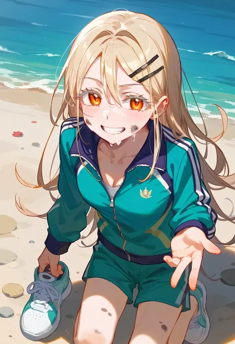 Highest quality, masterpiece, No correction, Beark, Ocean、大Ocean原、Sandy Beach、,shinosawa hiro,thin,Orange eyes,White eyelashes,Blonde,Long Hair,Hair Clip,Track jacket,Green shorts,White sneakers, Head Focus, Transparent sneakers, Open shirt,Shining express...