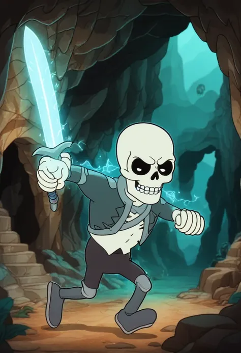 skull head, running away from ghosts, inside a cave, in cartoon animation style, 4k, quality symbol, curve sword, mobile game ar...