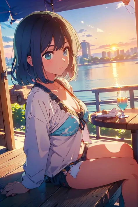 (Highest quality:1.4、masterpiece:1.4、Super detailed:1.4、8K:1.4)、F cup bust、Big Breasts、Slim body、((((1 person、Surprised expression、sit、In the background are the urban buildings of Tokyo、looking at the camera、Outdoor café terrace、Navy hair color、From an ang...