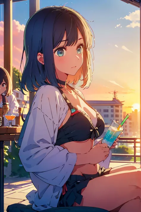 (Highest quality:1.4、masterpiece:1.4、Super detailed:1.4、8K:1.4)、F cup bust、Big Breasts、Slim body、((((1 person、Surprised expression、sit、In the background are the urban buildings of Tokyo、looking at the camera、Outdoor café terrace、Navy hair color、From an ang...