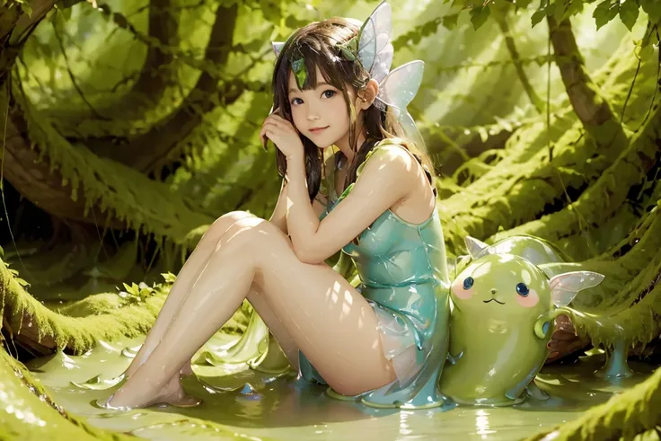 a fairy sitting neaby the slimy lake of slime