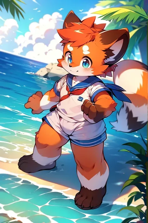 Red Panda Boy，Ocean，Sailor suit standing on feet，Two legs，tall