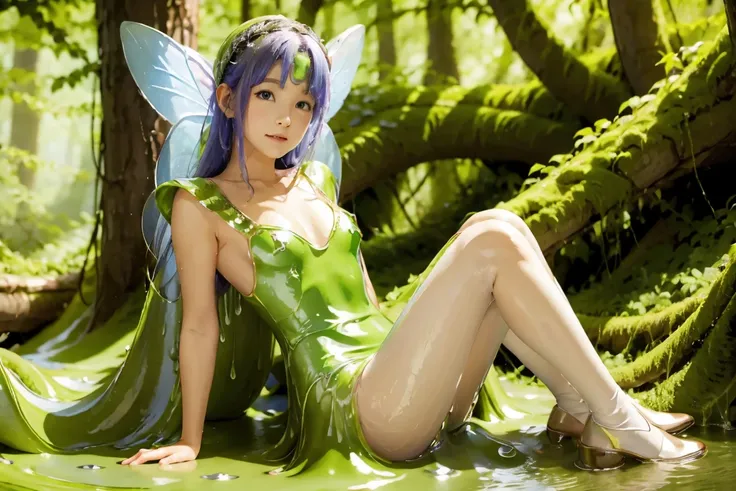 a fairy sitting neaby the slimy lake of slime