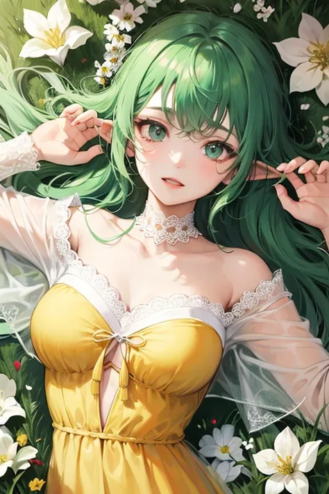 ((best quality)), ((masterpiece)), (detailed), perfect face, elf, young, girl, green hair, long hair, yellow dress, flowers, white flowers, happy, sunny, green grass, lawn, white lace choker, romantic, barefoot,シャイニースキン,シャイニーヘアー,バックライト,グラマラスボディ,