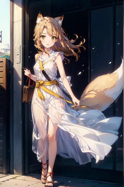 Irohaisshiki, isshiki iroha,Long Hair, Brown Hair, (Brown eyes:1.5), happy smile, smile, Open your mouth,animal(Fox Ears,Fox tail),Yellow sleeveless dress,Yellow long skirt,Cute Sandals,Push-type suitcase,background（Ships at anchor）,port,My hair is blowing...