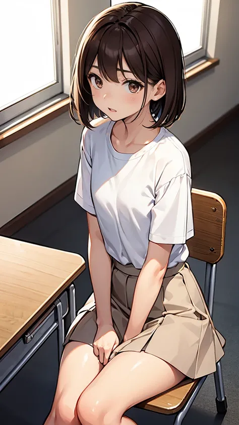 (1 woman), short bob, 18 years old, Japanese, brown eyes, brown hair, slim, (flat chest), high school girl, classroom,
girl wearing white shirt, high school girl summer uniform, back view sitting on chair in classroom,
(white blouse: 0.3):(see-through past...