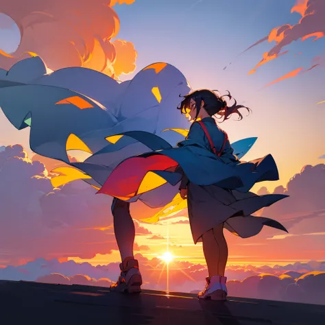 The girl is hovering above the clouds and looking at the setting sun, back view of the back and the sun, Girl looking at the sunset