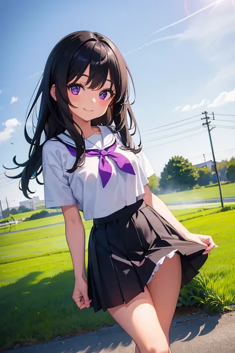 Elementary school girl, 8-year-old, Large Breasts, Black Hair, Long Hair, Purple eyes, smile（One person） Plain white T-shirt　Black mini skirt and white panties（（I can see her panties））White socks　sneakers　 Rural Scenery　walking　Dynamic angle Low angle