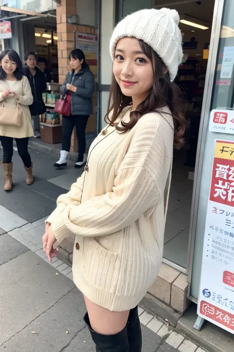 Maximum image quality、of the highest quality、highest resolution、Masterpiece、SMILE、Look at the camera、low angle shot、full body shot、beautiful mature woman of 38 years、long curly light brown hair、atar、white transparent dress、knitted hat、socks、knee high boots...