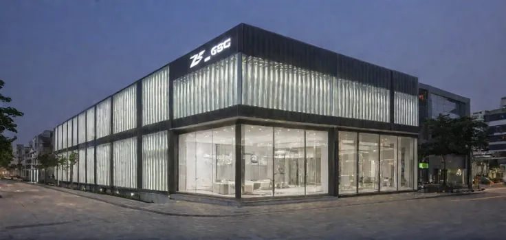 JZCG029, An car showroom is located in the city center, The facade is covered by large CNC panels, Car display area downstairs, office upstairs, (masterpiece:1.3), (best quality:1.3), (high resolution:1.2), (high detail:1.2),
