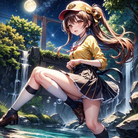 Red, brown, gold, gold hair、Golden Eyes、Hair tied up、One good looking girl、solo、anime、Checkered mini skirt、Ruffles on the skirt、Checked dress、blouse、school uniform、Black knee-high socks、Wearing a baseball cap、Ribbon、Ribbon on waist、Teeth are visible、Silver...