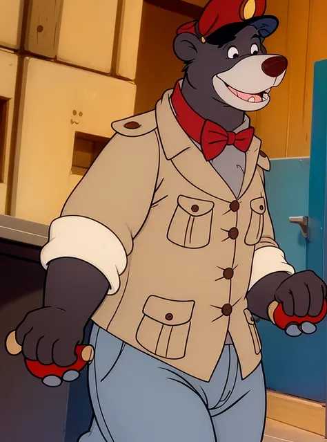 1 boy, bear, black eyes, day, furry man, it has, male focus, a parody, red cap, shirt,bow tie, smile, one, walking down the stre...