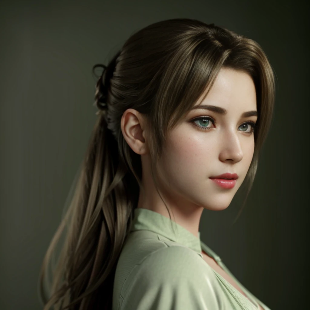 aerith, green eyes, (best quality, ultra-detailed), (realistic:1.37), beautiful and detailed face, ultra-realistic texture, deli...