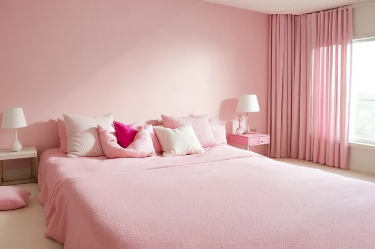 there is a pink bed with pillows and a pink rug, pink zen style, brightly lit pink room, bedroom background, pink hue, pink pastel, the walls are pink, minimal pink palette, bedroom interior, pastel pink, with soft pink colors, pink vibe, pink background, ...