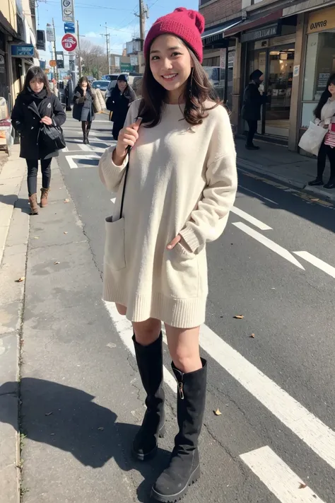 Maximum image quality、of the highest quality、highest resolution、Masterpiece、SMILE、Look at the camera、low angle shot、full body shot、beautiful mature woman of 38 years、long curly light brown hair、atar、very short dress、knitted hat、socks、knee high boots、pocket...