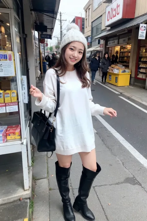 Maximum image quality、of the highest quality、highest resolution、Masterpiece、SMILE、Look at the camera、low angle shot、full body shot、beautiful mature woman of 38 years、long curly light brown hair、atar、very short dress、knitted hat、socks、knee high boots、pocket...