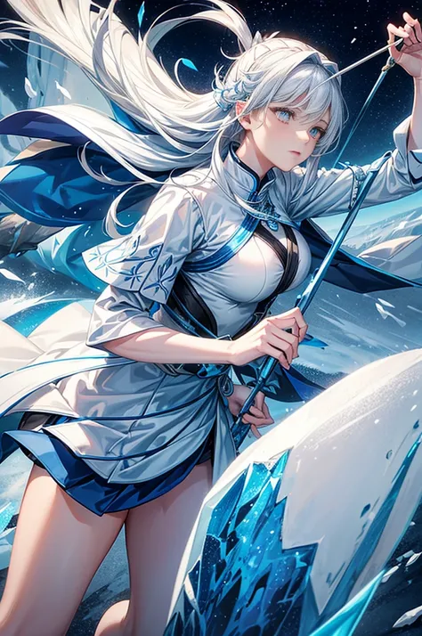 A female archer wielding a large ice bow, she is the god of ice and stillness, everything around her is ice, she has white ice looking clothes, white hair, she is emotionless. She is up in the mountains. 