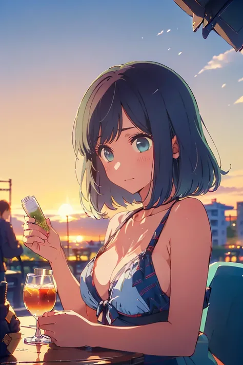 (Highest quality:1.4、masterpiece:1.4、Super detailed:1.4、8K:1.4)、F cup bust、Big Breasts、Slim body、((((1 person、Surprised expression、sit、In the background are the urban buildings of Tokyo、looking at the camera、Outdoor café terrace、Navy hair color、juice、table...