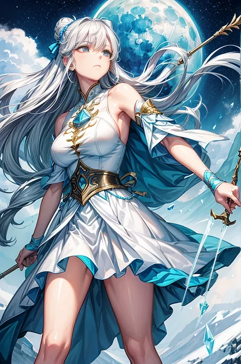 A female archer wielding a large ice bow, she is the god of ice and stillness, everything around her is ice, she has white ice looking clothes, white hair, she is emotionless. She is up in the mountains. She is evil, the moon 