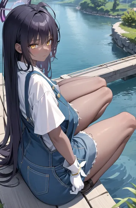 (masterpiece, best quality, detailed), 1girl, solo, karin kakudate, very dark skin, halo, very long hair, tattoo,
overalls, white shirt, short sleeves, white gloves, outdoors, house, rural, village, scenery, path, river, bridge, squatting, from side, from ...