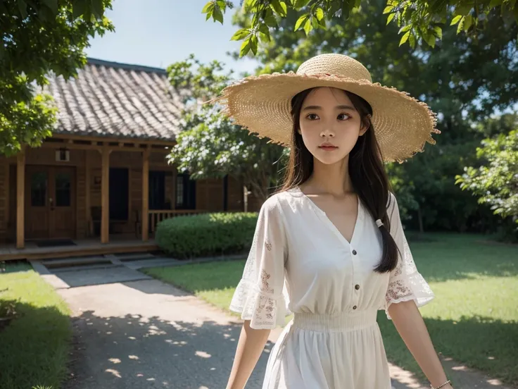 A girl，Walk on country roads，houses，Wearing a straw hat，Close shot