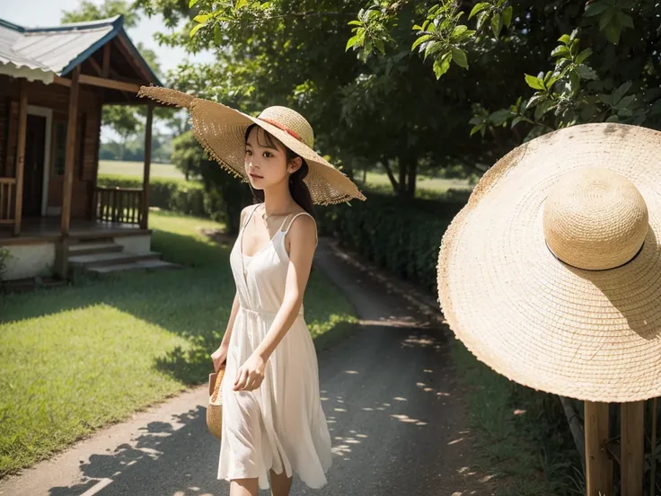 A girl，Walk on country roads，houses，Wearing a straw hat，Close shot