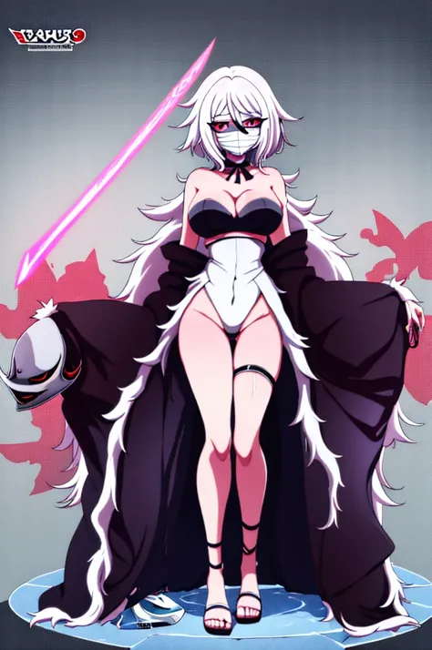 anime girl, bleach anime, soul reaper, sword, zanpakuto, vastolorde mask, fractured mask, hot, sexy, cute, black eyes, tall, full body, masterpiece, looking at the viewer, black fur on shoulders