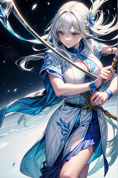 A female archer wielding a large ice bow, she is the god of ice and stillness, everything around her is ice, she has white ice looking clothes, white hair, she is emotionless. She is up in the mountains. She is evil, the mood is dark, she is holding a arge...