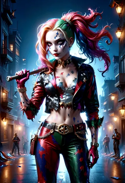 villain harley quinn, long colored hair, smeared makeup, tight costume, belt with shiny buckle, a bat in his hand, exteriors, ni...