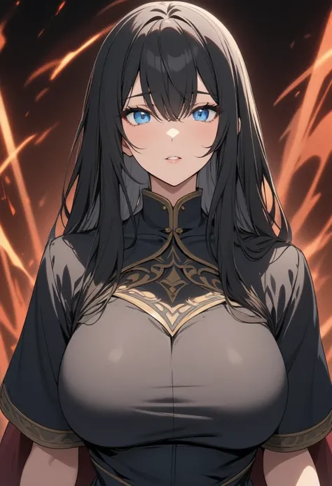 Black-haired, blue-eyed, large-breasted woman