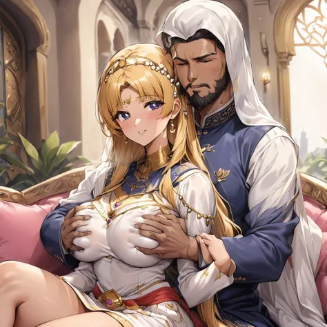 ((Highest quality)), ((masterpiece)), (detailed), （Perfect Face）、The woman is Tsukino Usagi, an Arab Muslim with vivid brown skin, and is wearing a gorgeous, glittering Arab national costume with gold embroidery, a gorgeous hijab, a gorgeous hair ornament,...