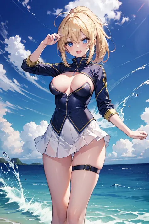 masterpiece,(ultra-detailed),1girl, mysterious heroine xx (fate), smile,open mouth, shrug, blue jacket, thigh strap, large_breasts, ocean, splashing, blonde_ponytail, ahoge, open_legs, 1girl, 18 year old female, Fate Grand/Order, anime style, ultra realist...