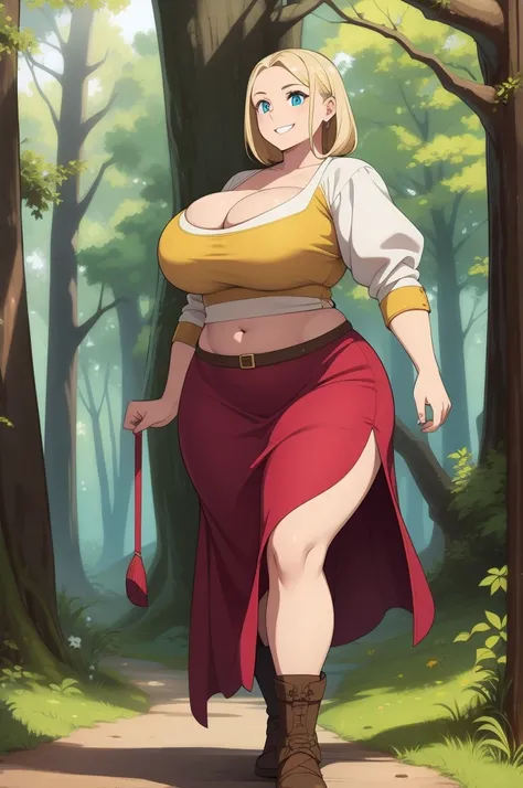 1woman, adventurer, medieval, walking through the forest , smiling, curvy, soft midriff, squishy midriff. squishy, soft.