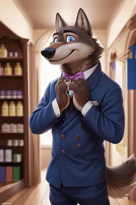 Larry (Zootopia), wolf, Gray Fur, (brown body:1.3), beautiful blue eyes, Zootopia, dressed,blazer,pink shirt,trousers,bow tie,бутоньерка groomа,canine,wolf, Detailed fur, male, antro, paw pads, finger claws,одевает bow tie, Plays,at viewer, 5 fingers, paws...