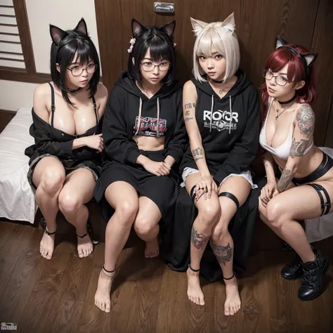 nsfw,(Highest quality:1.2),32k HDR,High resolution,(20-year-old woman),(Ultra Wide Angle),(View from above:1.2),((Glaring at the camera)),(Japanese women),((Three Women)),(Tattoo),Flat bangs,Dark Room,Medium chest,Squat with your feet apart,Show off your c...