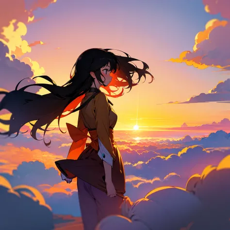 The girl is hovering above the clouds and looking at the setting sun, back view of the back and the sun, Girl looking at the sunset