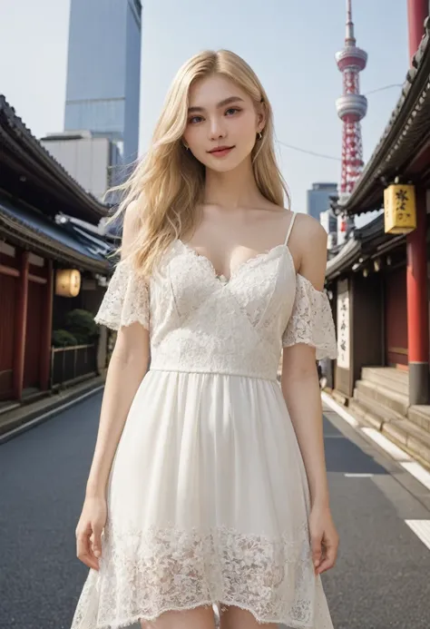 （（（European Caucasian Woman）））、（（（Mary, 18 years old）））、one person、（Thin contours、Grey Eye:1.5）、（Thin contours）、Big Breasts、Narrow waist、（（（White and translucent skin:1.3）））、Beautiful, shiny blonde medium-long hair、8-head-tall model style、White lace long d...