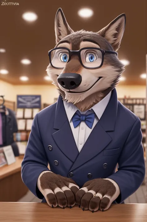 Larry (Zootopia), wolf, Gray Fur, (brown body:1.3), beautiful blue eyes, Zootopia, dressed,glasses,blazer,pink shirt,trousers,bow tie,бутоньерка groomа,canine,wolf, Detailed fur, male, antro, paw pads, finger claws, Plays,at viewer, 5 fingers, paws, 4 toes...