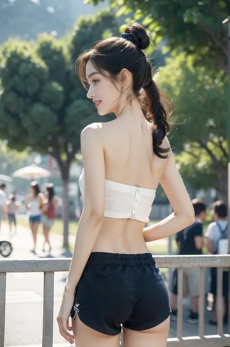 (((best quality))),(((ultra detailed))),(((masterpiece))),illustration,((1 beautiful girl,solo)),((slim,thin)),((shoulder off,strapless,bare back,towering hips,butt crack)), outside school gate, summer twilight, sunlight,(short ponytail:1.3),((white short-...