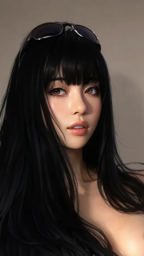 a close-up of a woman with long black hair and sunglasses, anime realism style, realistic anime art style, anime realism, hyper ...