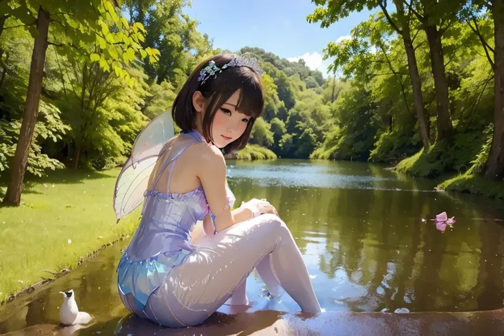 a beautiful fairy sitting nearby the lake, stinky cum bath