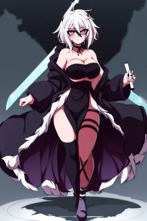 anime girl, bleach anime, soul reaper, sword, zanpakuto, vastolorde mask, fractured mask, hot, sexy, cute, black eyes, tall, full body, masterpiece, looking at the viewer, black fur on shoulders, coat, hollow shinigami, 