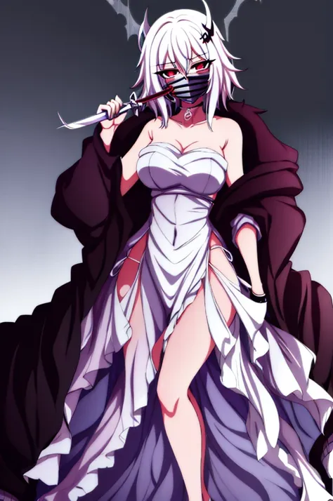 anime girl, bleach anime, soul reaper, sword, zanpakuto, vastolorde mask, fractured mask, hot, sexy, cute, black eyes, tall, full body, masterpiece, looking at the viewer, black fur on shoulders, coat, hollow shinigami, 