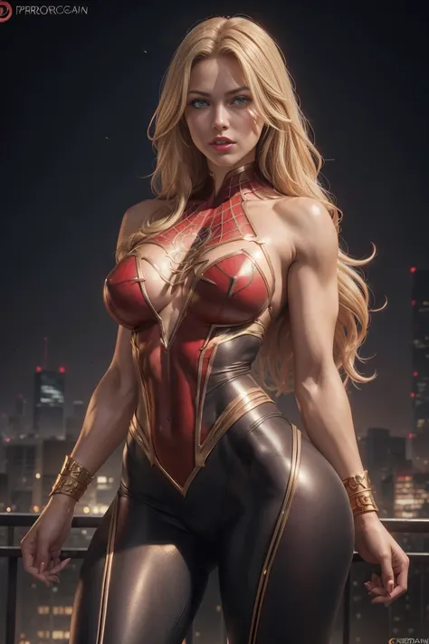 Full body shot seen from behind Sexy superheroine Spidergirl long blonde hair glowing blue eyes red lips muscular body large breast wears a red golden cobweb pattern tight leather pants, red golden cobweb pattern leather short, red and black stilettos, bla...