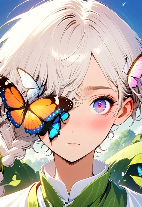 Style 9，boys，Covering one eye with leaves，Butterfly landed on the eye