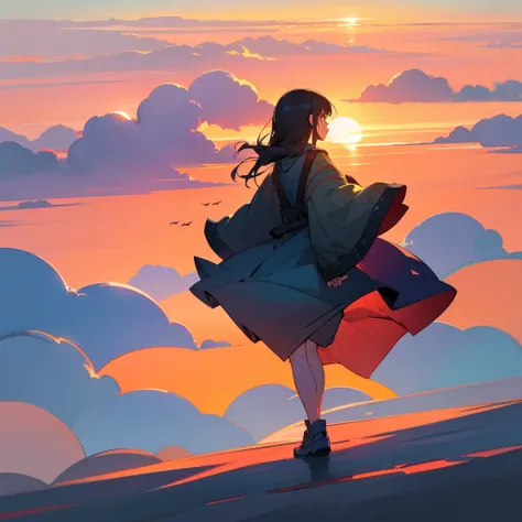 The girl is hovering above the clouds and looking at the setting sun, back view of the back and the sun, Girl looking at the sunset