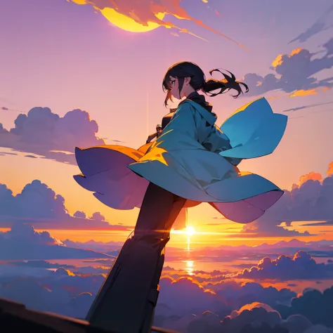 The girl is hovering above the clouds and looking at the setting sun, back view of the back and the sun, Girl looking at the sunset